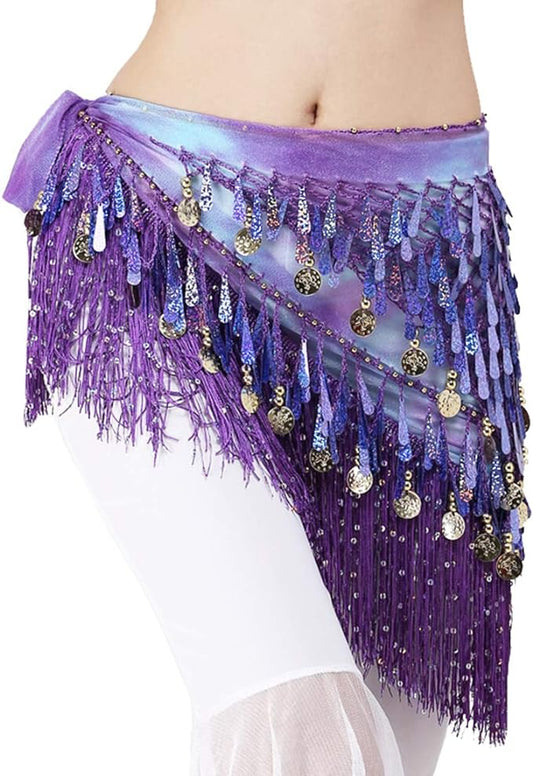 Belly Dance Hip Scarf with Tassels Sequins, Triangle Coins Wrap Skirt Music