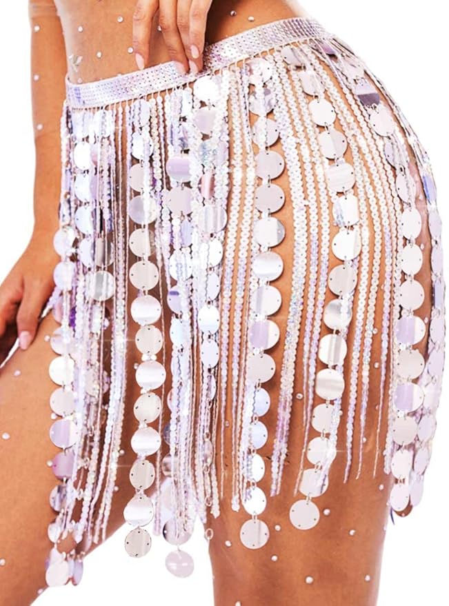 Dot Sequin Silver Fringe Belly Dance Skirts