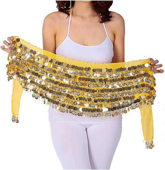 Belly Dance Hip Scarf Chiffon Tribal Sash Skirt with Gold Coins