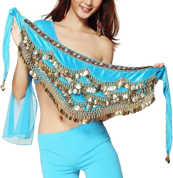 Belly Dance Hip Scarf Gold Coins with Colored Band
