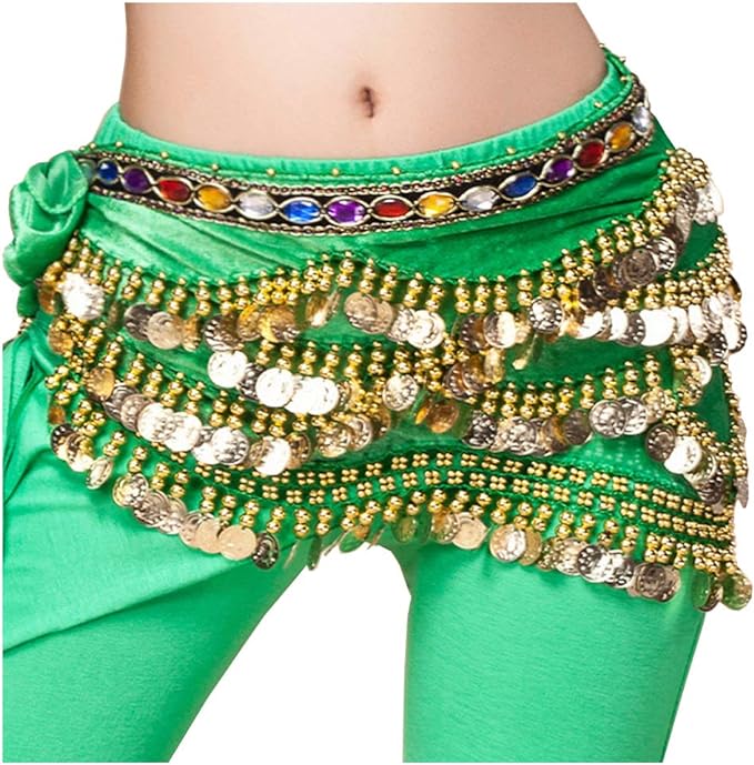 Belly Dance Hip Scarf Gold Coins with Colored Band