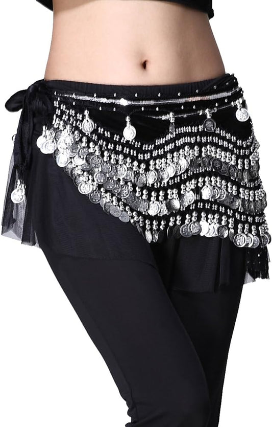 Belly Dance Hip Scarf Silver Coins with Colored Band
