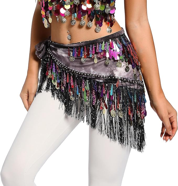 Belly Dance Hip Scarf with Tassels Sequins, Triangle Coins Wrap Skirt Music