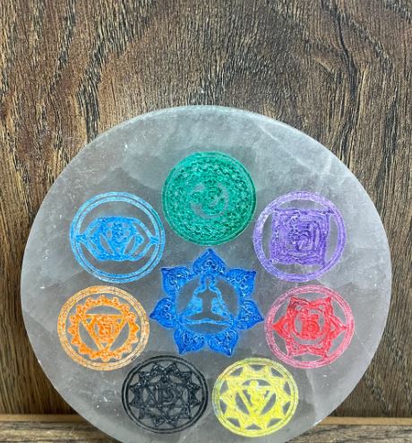 Selenite Chakra Engraved Plate with Chakra Color